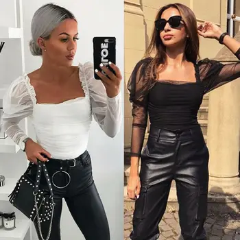 

Sexy Women Puff Sleeve Blouse Mesh Sheer Cover Up Long Sleeve Black White Shirts Elegant Lady Pleated Blouses Ruffle Slim Top