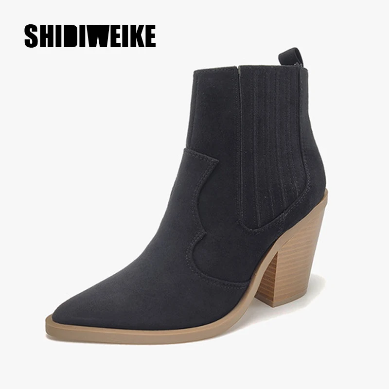 

Pointed Toe Zipper PU Ankle boots for Women High Square Heel Mature Autumn Boots Concise Winter Ladies Shoes Flock J830