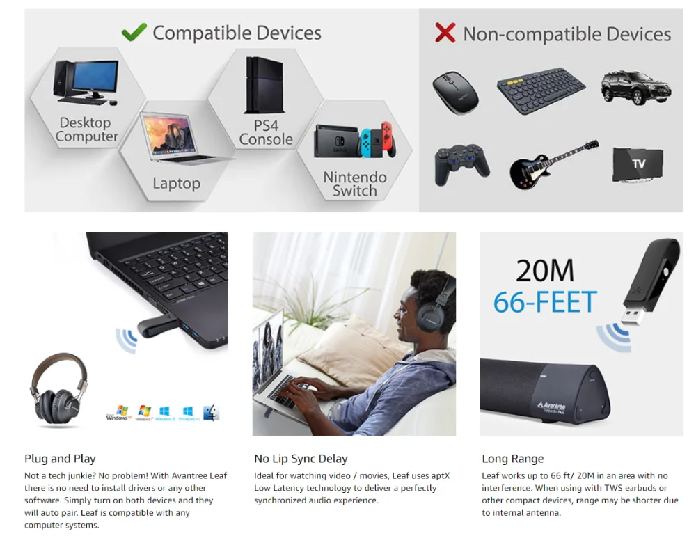 Avantree класс 1 длинный диапазон USB Bluetooth аудио передатчик адаптер для ПК ноутбук Mac PS4 nintendo переключатель, беспроводной аудио ключ