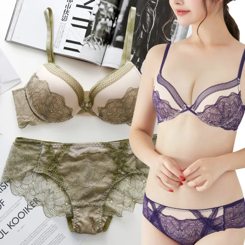 

Jacquard Deep V Belt Lace Sexy 3/4 Cup With Steel Ring Three-Row Buckle Gathered Bra + Underwear Set