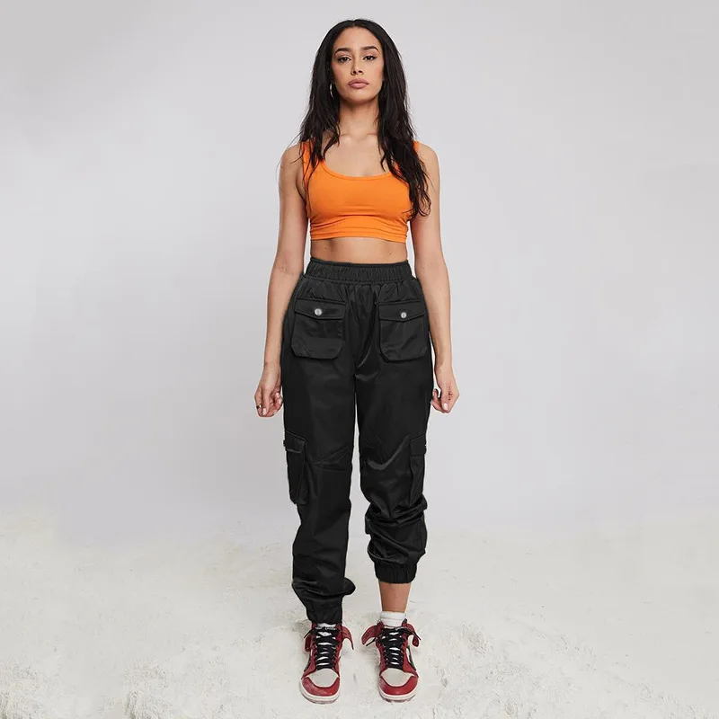 TCJULY Лидер продаж модный однотонный Атлас брюки бегунов карманов Высокая Талия Брюки Для женщин 100% полиэстер уличная Повседневное