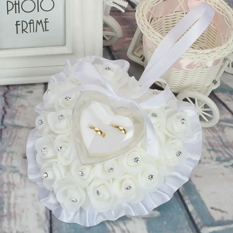 

Romantic Heart Shape Pillow Ring With Simulation Foam Flower Wedding Box Jewelry Gifted Box As Wedding Party Supplies