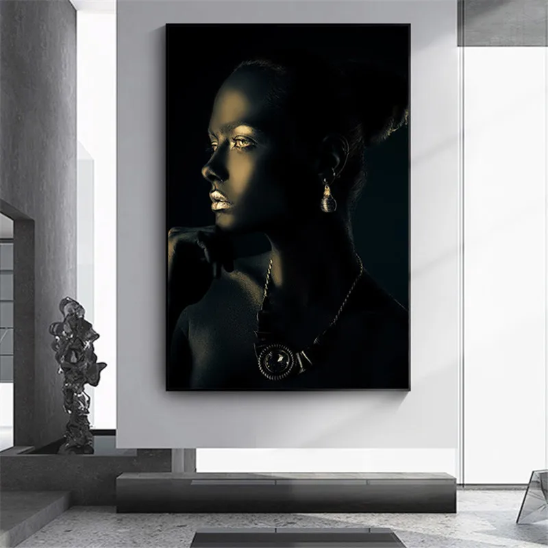 

Black Gold African Nude Woman Indian Portrait Canvas Painting Posters and Print Scandinavian Wall Art Picture for Living Room