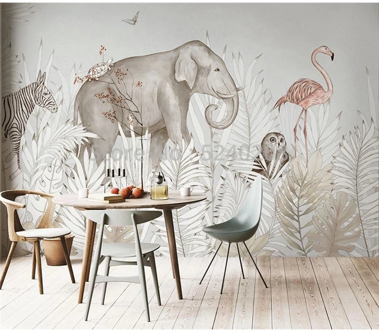 Custom Self-Adhesive Mural Wallpaper Modern Ins Plant Elephant Deer 3D Cartoon Children's Bedroom Background Wall Sticker Decor