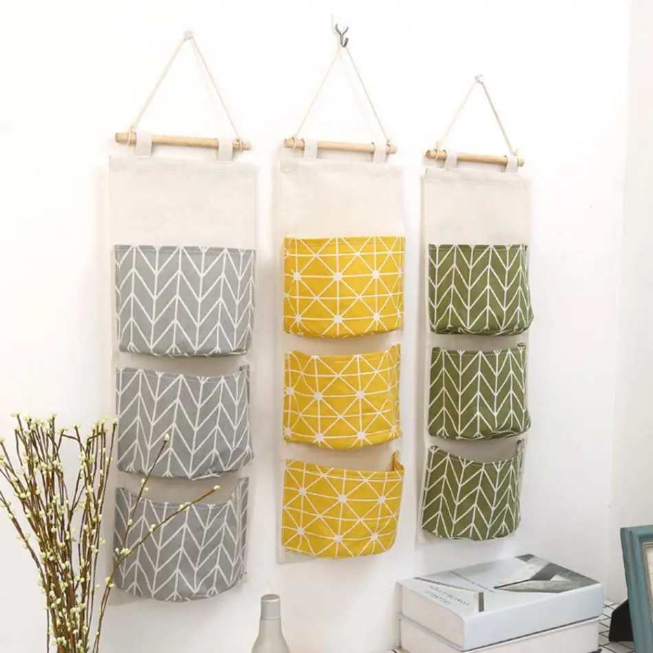 Сумки для хранения с 3 карманами подвесной держатель из хлопка и льна спальни