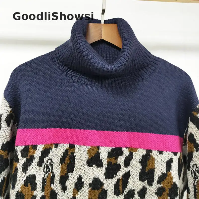 GoodliShowsi, зимний модный женский свитер с высоким воротом, топы, Леопардовый контрастный цвет, длинный рукав, повседневный Свободный пуловер, топы
