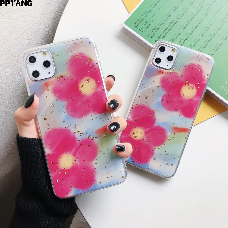 

PPTANG Luxury Phone Case For Huawei honor 8X 9X Bling Bling Drop Glue Flower Soft TPU For Huawei P30 mate30 pro Back Case Cover