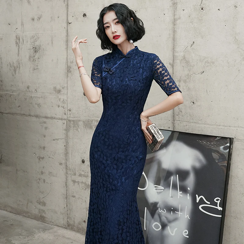 Темно-синие Элегантные платья Cheongsam, новинка, женские вечерние платья с коротким рукавом, сексуальные платья в китайском стиле, воротник-стойка, Qipao Vestidos