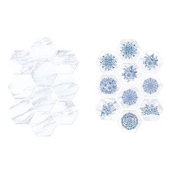 

1 Set 20 Pcs Imitation Blue and White Porcelain Marble Hexagonal Tile Stickers Bathroom Kitchen DIY Nonslip Floor Tiles 3D Stick