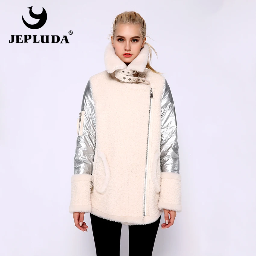 JEPLUDA Hовая модная косуха куртка зимняя женская высокое качество теплая шерсть комбинированная с пуховиком на молнии шуба натуральный мех шерсть смесь утеплённый оригинальность женское пальто полушерстяные с пух