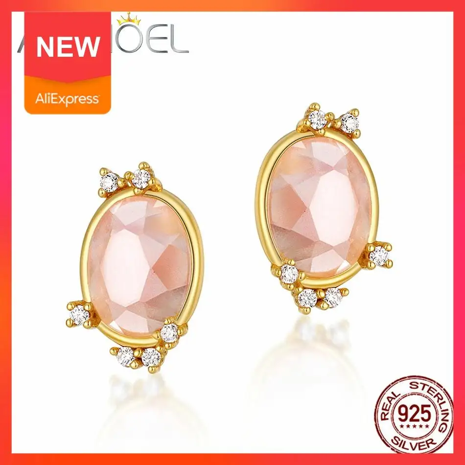 

ALLNOEL 925 Sterling Silver Earrings For Women Original Design Jewelry Oval Synthetic Rose Quartz Beautiful Stud Earrings Gift