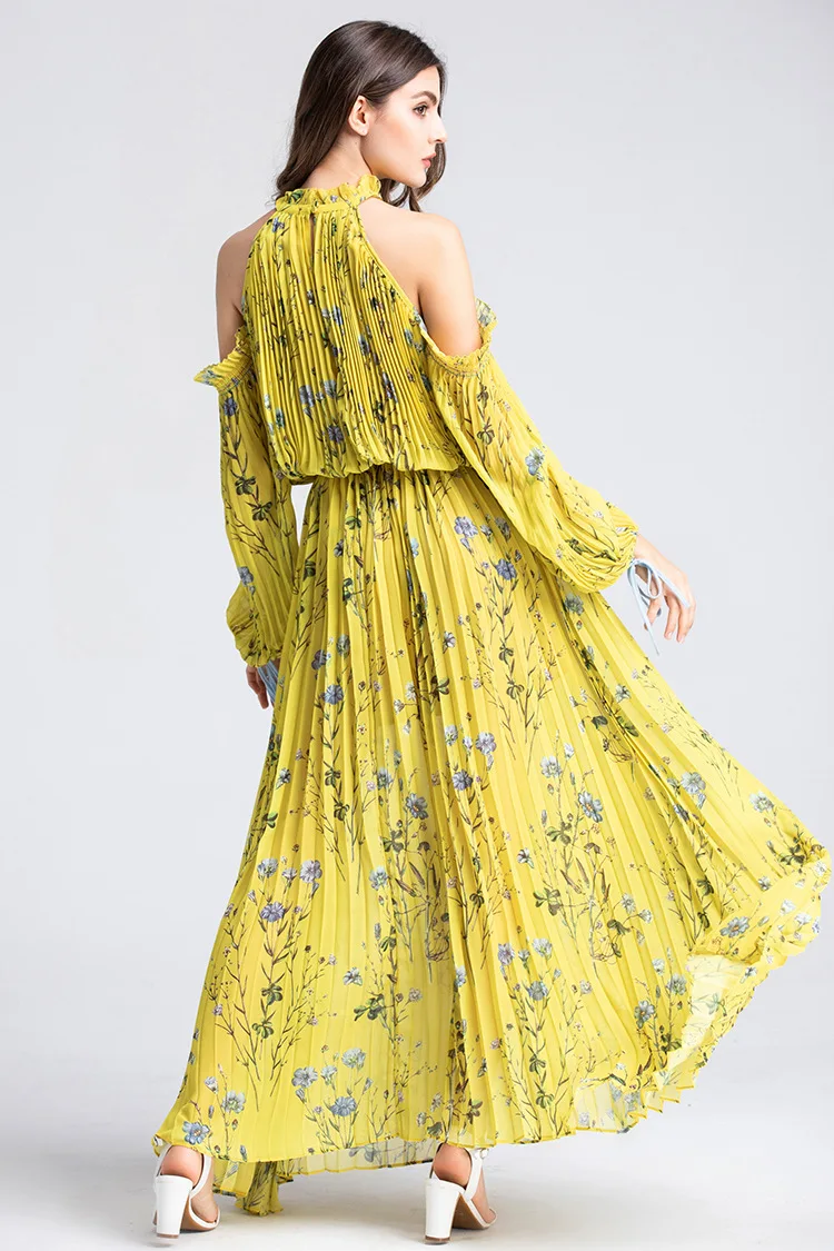 VKBN свободное кружевное платье с длинными рукавами Длина по щиколотку Плиссированное с плеча шеи желтые сексуальные вечерние платья