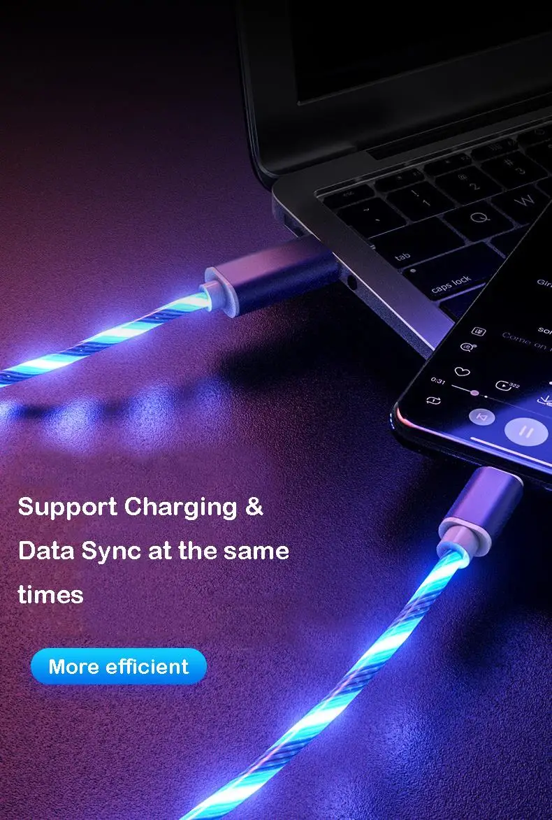 2.4A Flowing Glow USB Cable For iPhone XS Max XR X 8 7 6s Plus Type-C Micro USB Glowing Luminous Fast Charging Wire For SAMSUNG