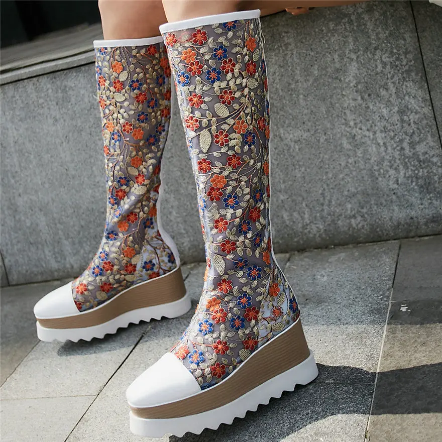 

Women Genuine Leather Wedges High Heel Knee High Boots Female Embroider Flower Breathable Lace Platform Pumps Shoes Casual Shoes