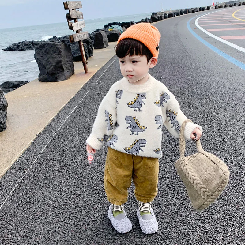 

2019 Autumn And Winter New Boys And Girls two color Cartoon Dinosaur Pattern Foreign Cute Mink Velvet Warm Pullover Sweater