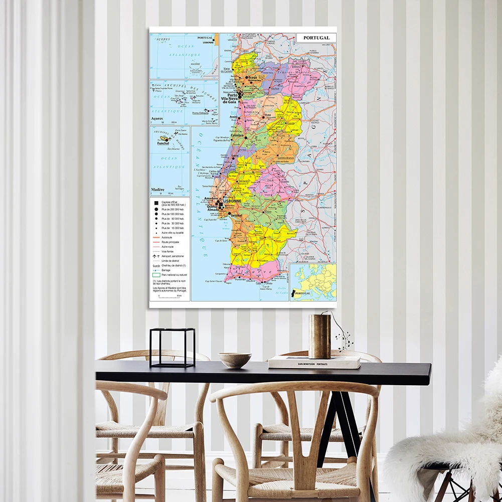 150*225cm Political Transportation Map of The Portugal In French Vinyl Canvas Painting Wall Poster School Supplies Home Decor