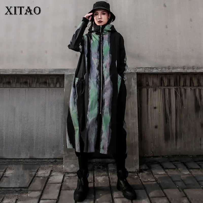 XITAO Tide полосатая шапка с принтом и карманом на молнии, Тренч с длинным рукавом, модный Свободный Повседневный Топ большого размера для женщин, осень, WQR1939