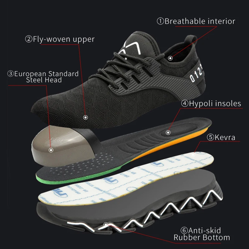 Indestructible Men's Construction Site Safety Shoes Smash-proof Steel Toe Cap Work Safety Boots Breathable Deodorant Sneakers 50