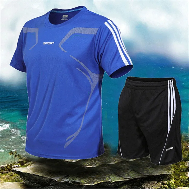 

New Men's Sports Set Sport Shirt Men Running Shorts 2Pcs/Sets Gym Suit For Soccer Fitness Men Sportswear T-Shirts Tracksuit Suit