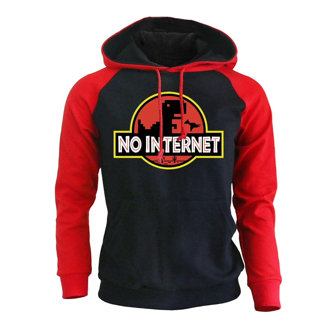 NO INTERNET Cartoon Dinosaur Game Hoodies, Hip Hop Printed Winter Hooded Raglan Sweatershirts for Male T-rex Park Tops for Men