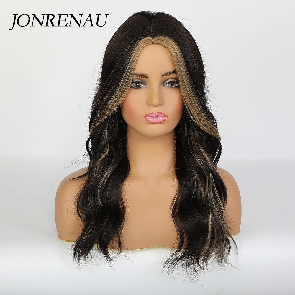 JONRENAU Middle Part Black Brown Wigs with Highlights for Black Women Afro Natural Wave Synthetic Hair Cosplay Party Daily wig