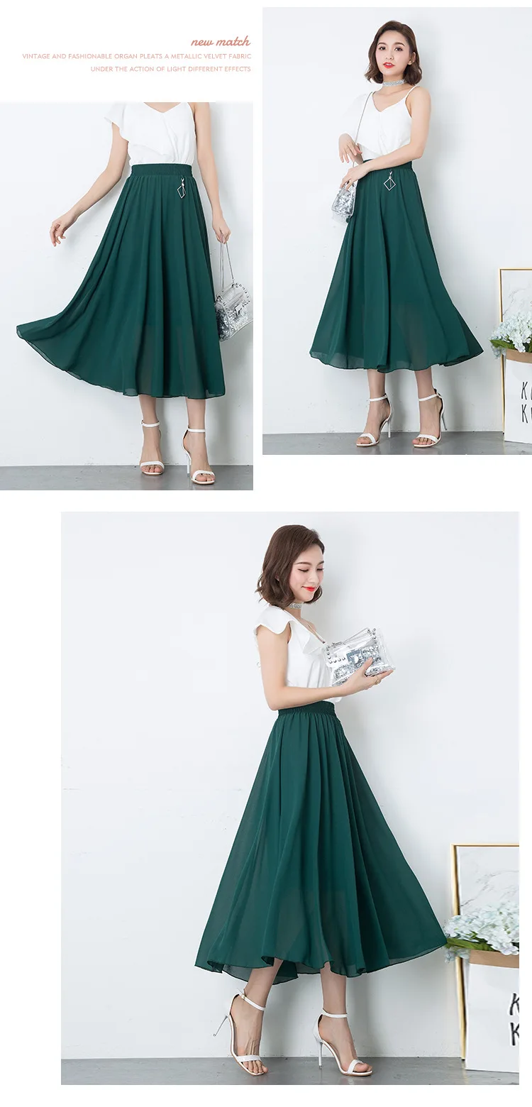 Korean Spring and summer women high waist pleated skirt womens large swing elastic waist thin beach skirts