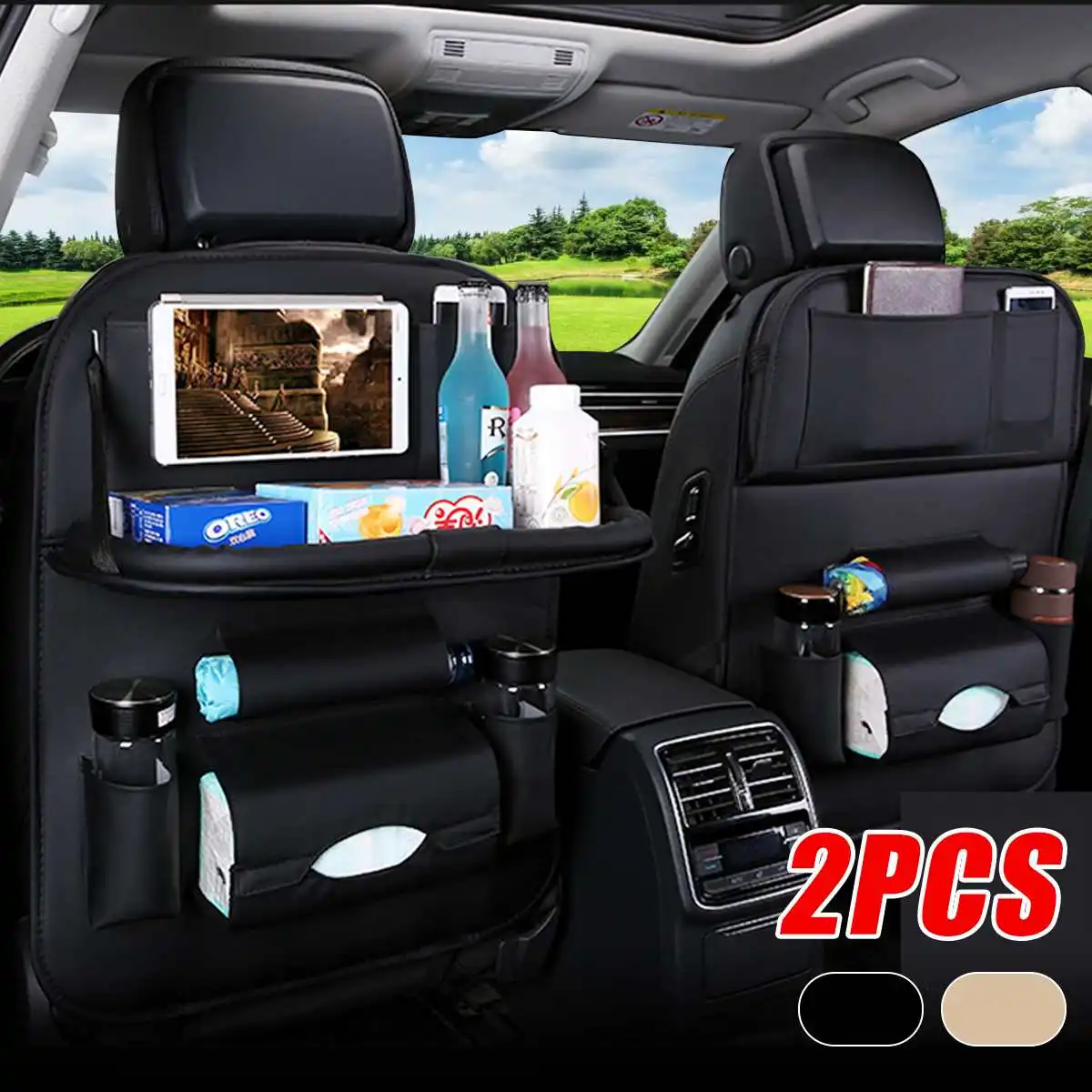 2PCS Universal PU Leather Car Seat Back Beige Storage Hanging Bag Multi-functional Dining Table Tray Holder Organizer Storage