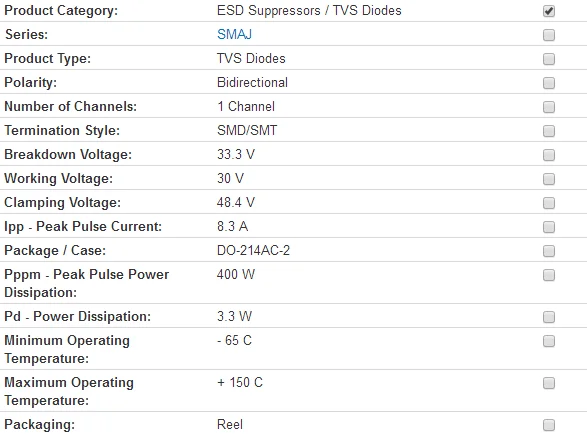 ESD подавители/TVS Диоды DO214AC 30V 48,4 V Двунаправленный SMAJ30CA
