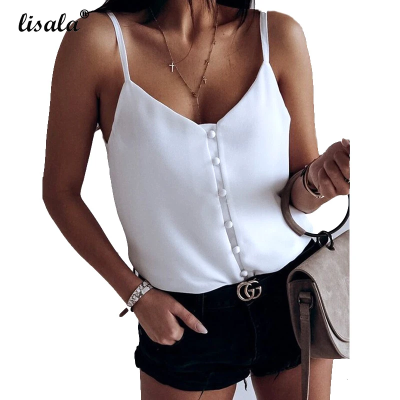 

LISALA Women Chiffon Tops Sexy sleeveless V-Neck Cami Backless loose vest tank tops Femme white black