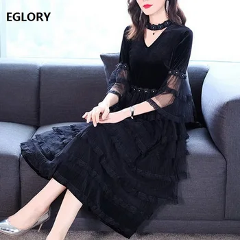 

High Quality New 2020 Spring Party Vintage Dress Women V-Neck Hand Made Beading Flower Deco Sexy Cascading Ruffle Mesh Dress