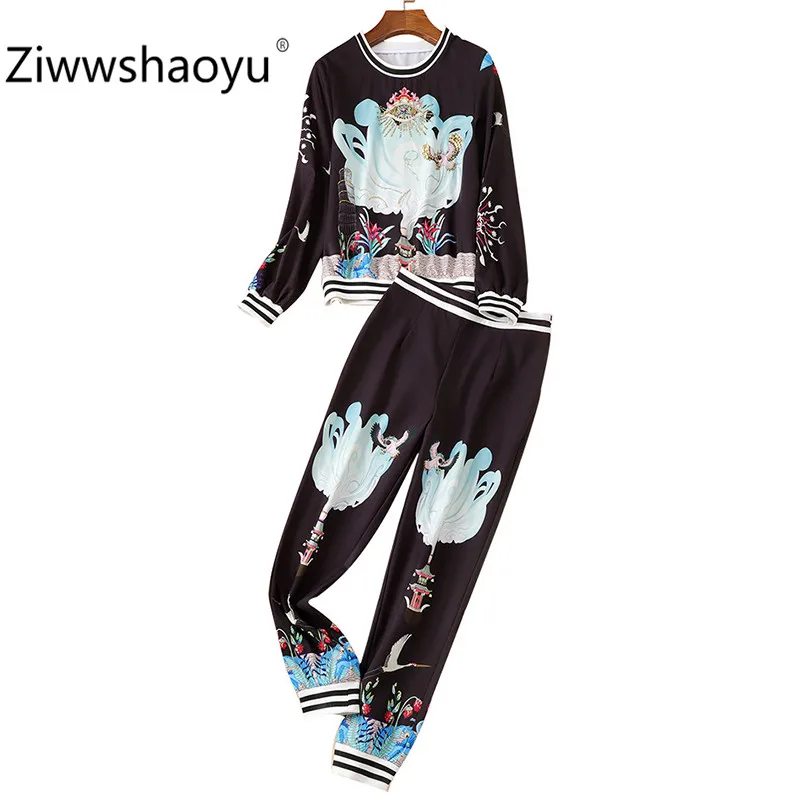 

Ziwwshaoyu Runway Autumn Pants Casual Suits Women Long Sleeve Diamond Print Pullover + Pants Motion Two Piece s=Set Ladies