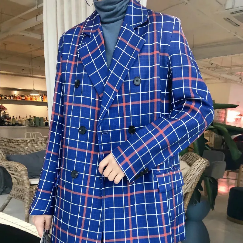 Women's Retro Checked Jacket Spring 2020 Casual Loose Women's Blazer Fashion plus size double breasted coat