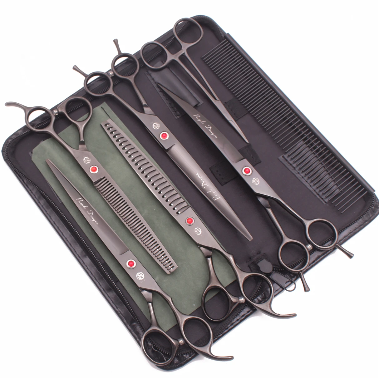 Dog Grooming Kit Professional 8" Purple Dragon Japan Steel Pet Thinning Shears Chunker Scissors Add Case Curved Scissors Z3015