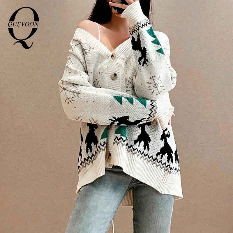 

QUEVOON Snow Print Knitting Cardigan Swaters Winter Christmas Party Button Front Solid V-Neck Women Casual Autumn Sweater 2020
