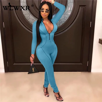 

WLWXR Autumn Sexy Club Bodycon Jumpsuit Women Overalls 2019 One Piece Zipper V Neck Skinny Romper Ladies Long Jumpsuit Female