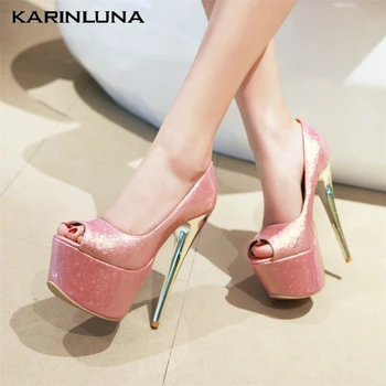 

Karinluna 2020 New Arrivals Plus Size 30-48 Slip On Peep Toe Shoes Women Pumps Super High Heels Platform Mary Janes Woman Shoes