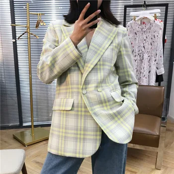 

Women Coat 2019 Autumn and Winter Cute Yellow Large Plaid Wool Suit