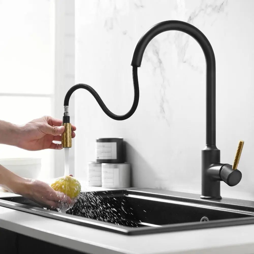 Brass kitchen faucet with Dual mode spray black top quality pull out kitchen faucet cold hot water mixer faucet