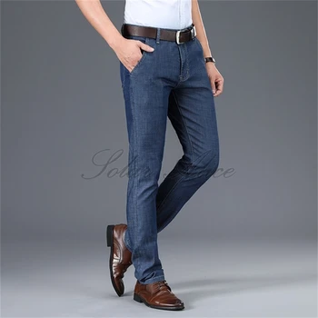 

Free Shipping 2020 Men's Spring / Summer New Mid-Waist Straight Jeans Middle-aged and Young Business Quality Slim Elastic Pants