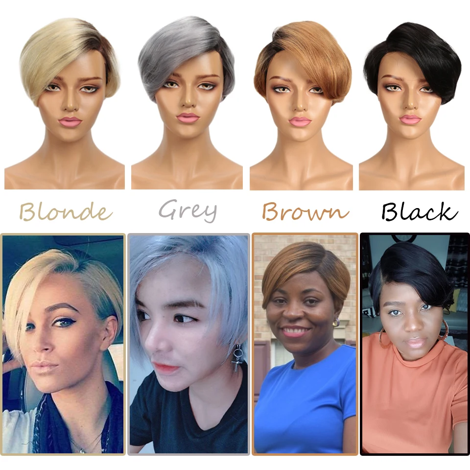 Pelucas de cabello humano corto para mujeres, pelo brasileño Remy elegante, 613 de encaje Rubio, Parte L, corte Pixie, encaje corto negro