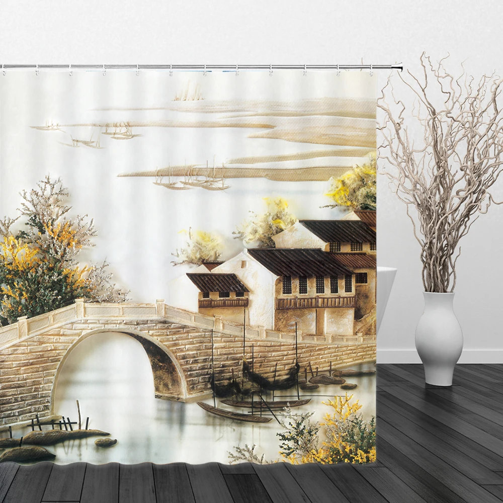 

Chinese style Shower Curtain 3D Hand Painted Landscape Natural Scenery Bath With Hooks Bathroom Home Waterproof Shower Curtains