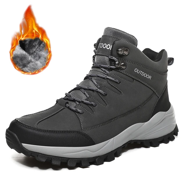 Large Size Ankle Boots Men Winter Outdoor Warm Fur Non Slip Snow Shoes Black Sneakers Fashion Footwear Cowboy Boots Lace Up Work fur grey