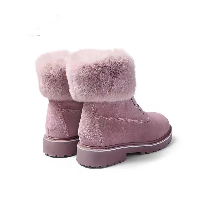 Кожаные зимние ботинки с натуральным кроличьим мехом; женские эластичные плюшевые зимние ботинки; ботинки до середины икры на толстой подошве; женские настоящие ботинки