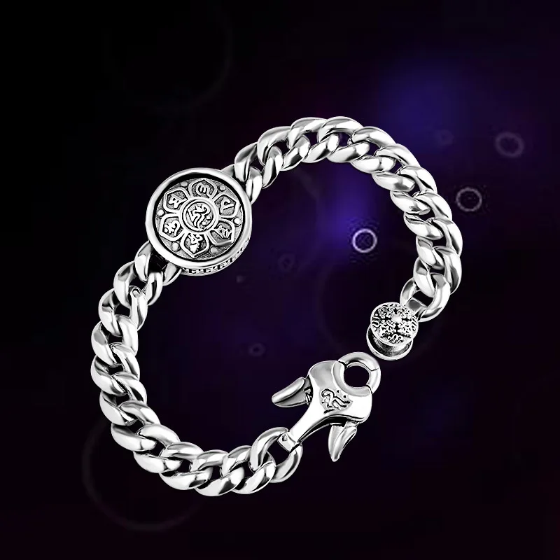 

S925 Sterling Silver Ornament Thai Silver Men's Six-Character Mantra Rotating Bracelet