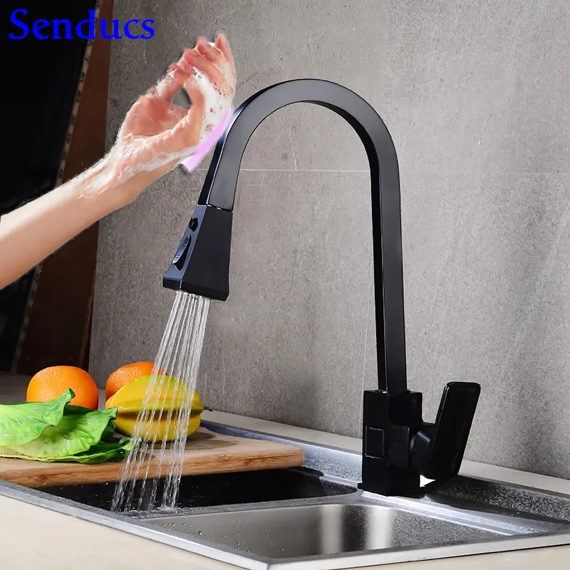 sensor-black Сенсорный кран Senducs полированный хромированный вытяжной кухонный кран автоматический датчик смеситель для ванной комнаты медный кухонный миксер кран - Цвет: sensor-black
