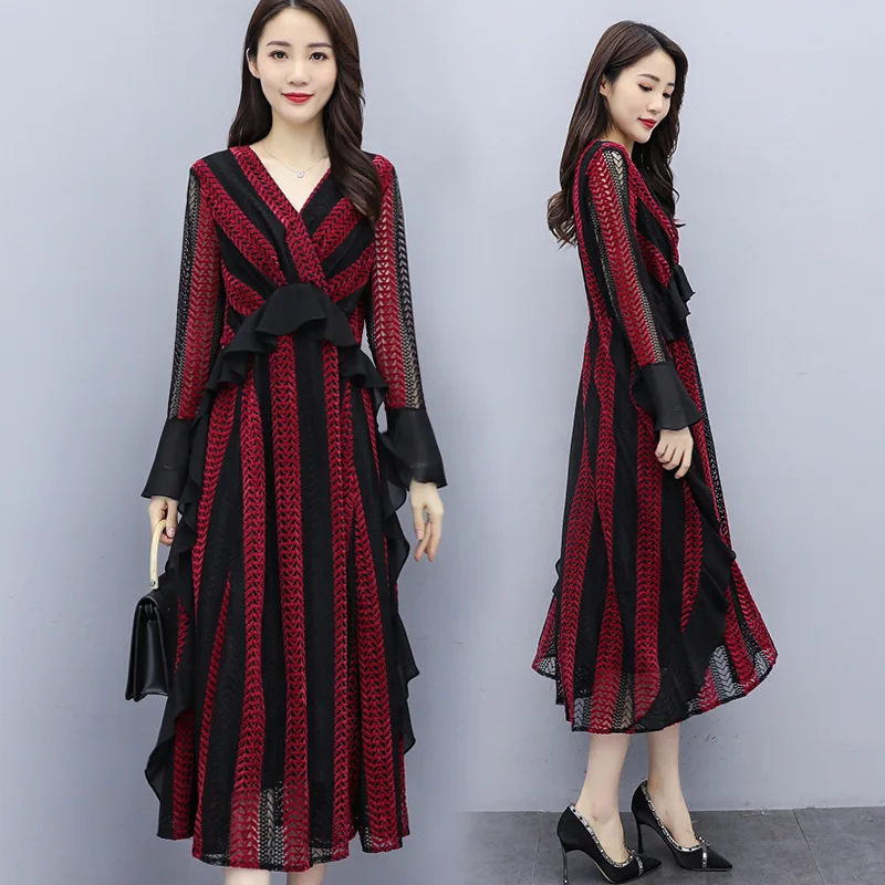 

V-neck Bell Sleeve Contrast Color Stripes Lace Dress-Style Slimming over-the-Knee Long Skirts Popular A- line Skirt Early Spring