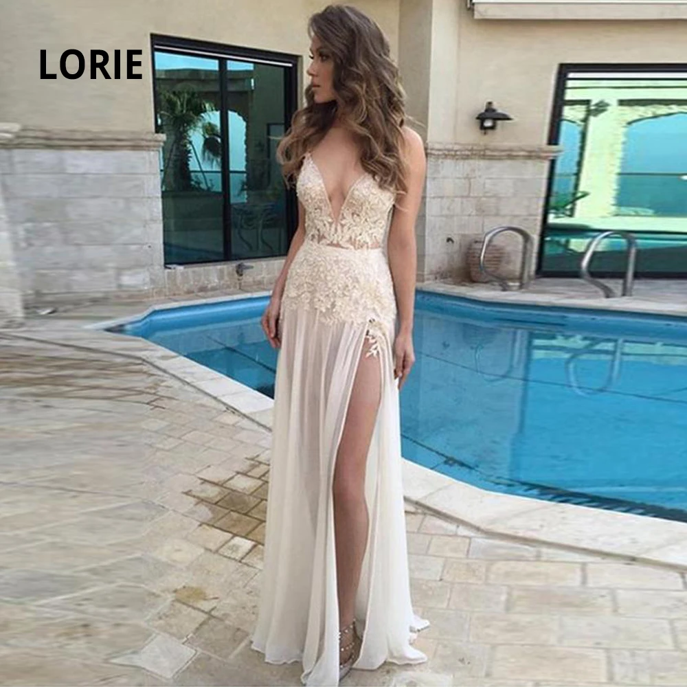LORIE новые элегантные кружева аппликация Пляжные Свадебные платья сексуальное платье с открытой спиной и v-образным вырезом из шифона свадебные платья Boho простые лейки