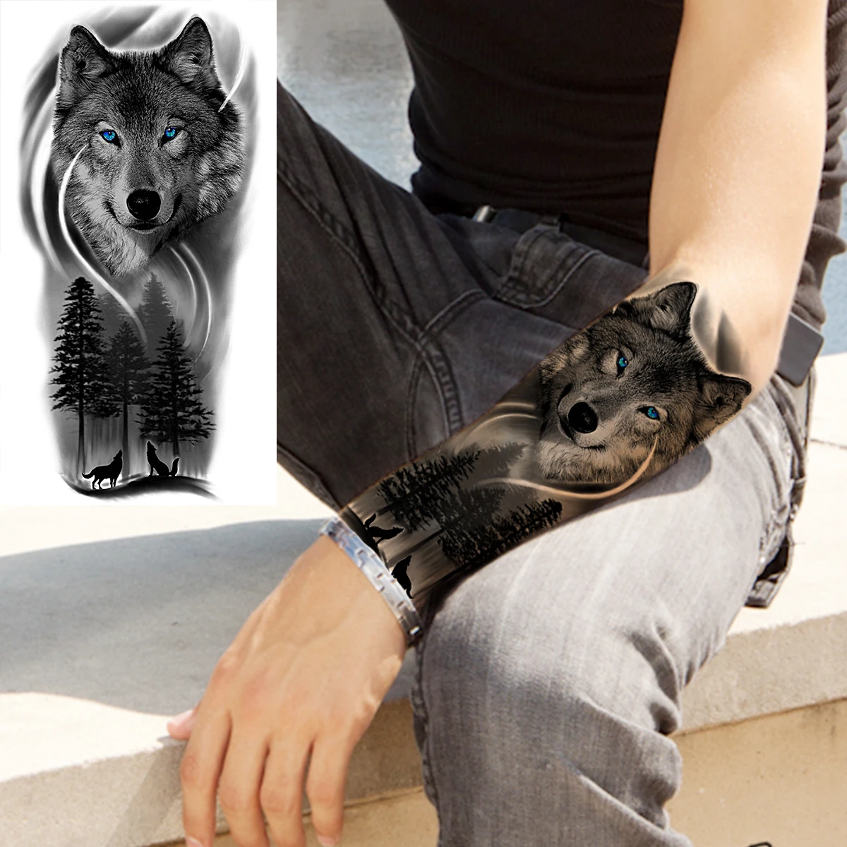 Tattoo Sticker Temporary Tattoos Realistic Lion Frontarm Cross Temporary Tattoos For Men Adult Wolf Lion Skull Compass Fake Tattoo Stylish Waterproof Tatoo Paper