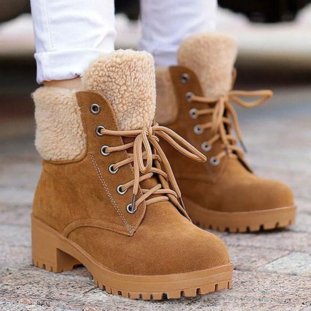 

Flock boots women winter 2019 Round Toe Pure Snow Women's Boots Square Heels Lace-UP Keep Warm platform boots zapatos de mujer