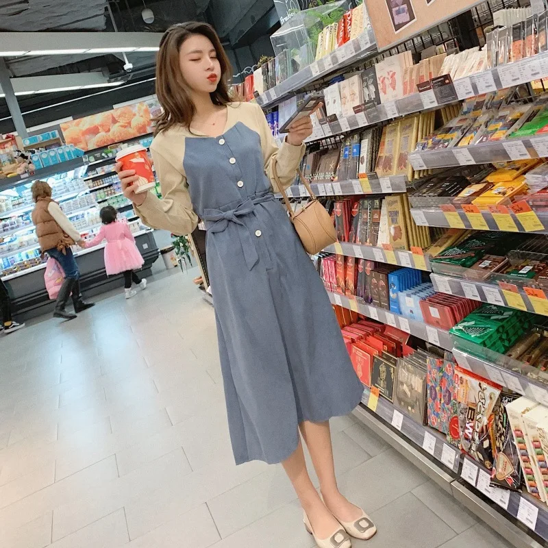 

2019 Spring New Style WOMEN'S Dress Korean-style Joint Base Skirt Long-sleeved Dress Women's